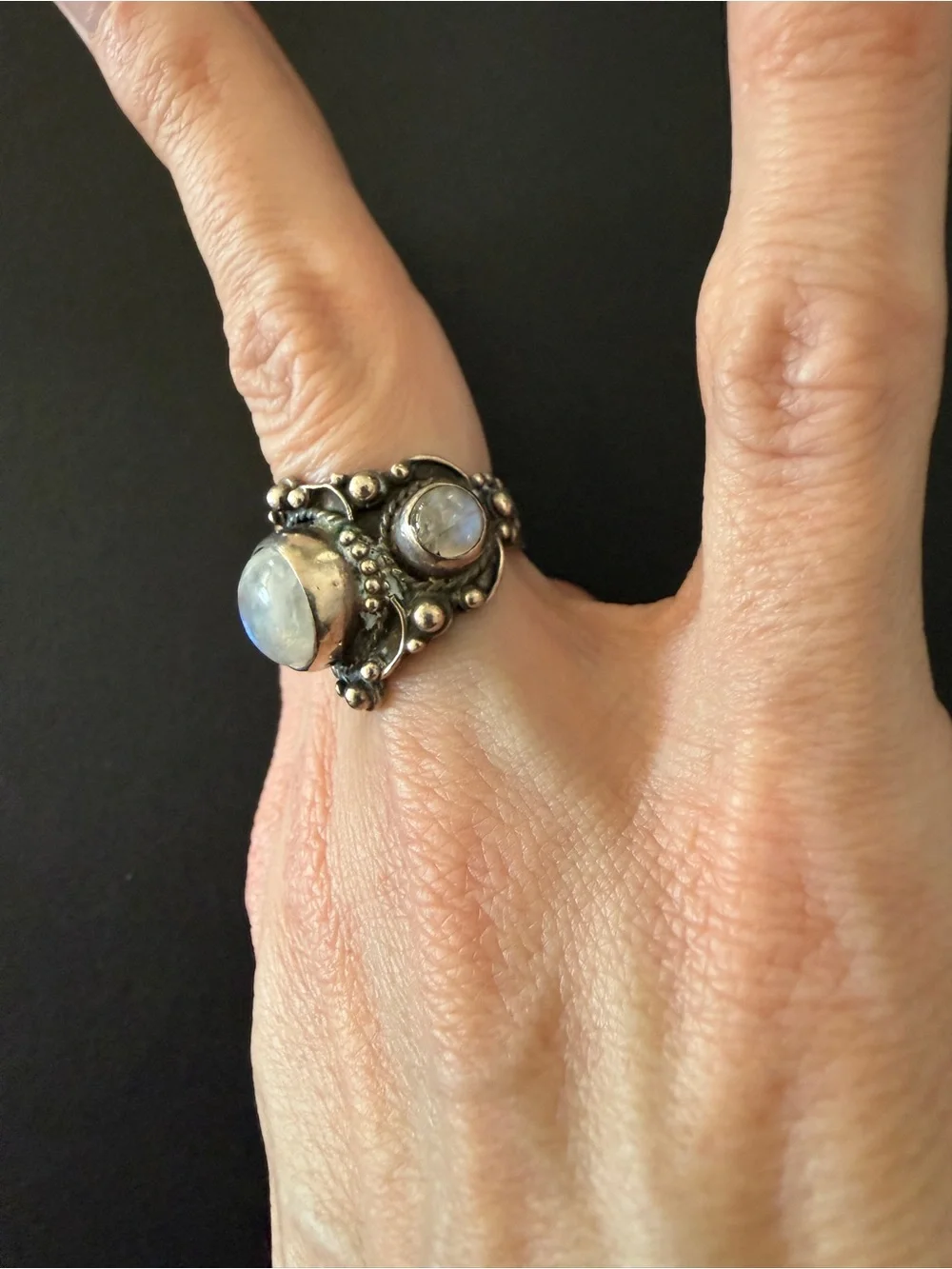 Vintage Moonstone Ring W/ Blue Flash Handmade Statement, Size 7.75, Gothic Style